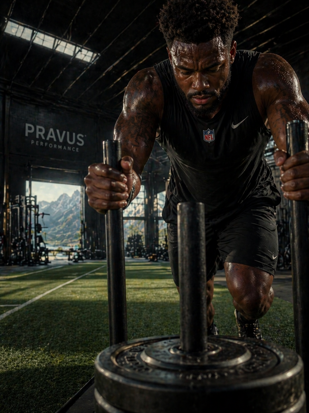 Professional athlete training with a weighted sled